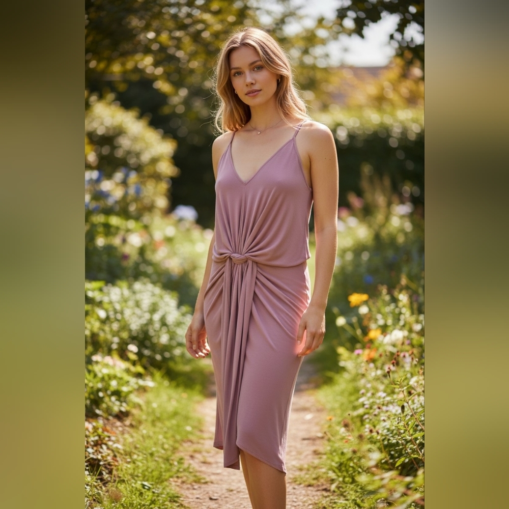 Misa Los Angeles Domino Midi Twist Knot Tie Dress Luxury Dusty Plum Pink Celeb